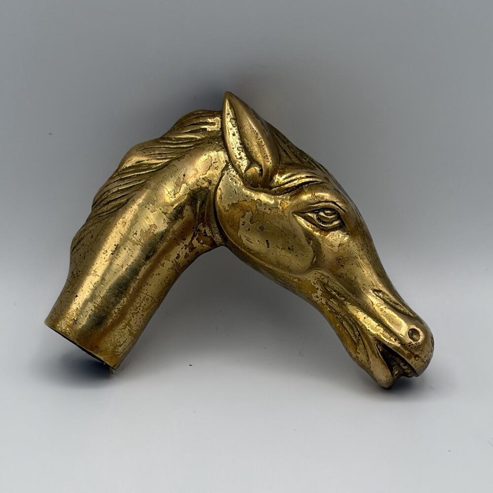 Vintage Solid Brass Horse Head Cane Topper Handle Detailed Heavy 1.1 Lb Threaded